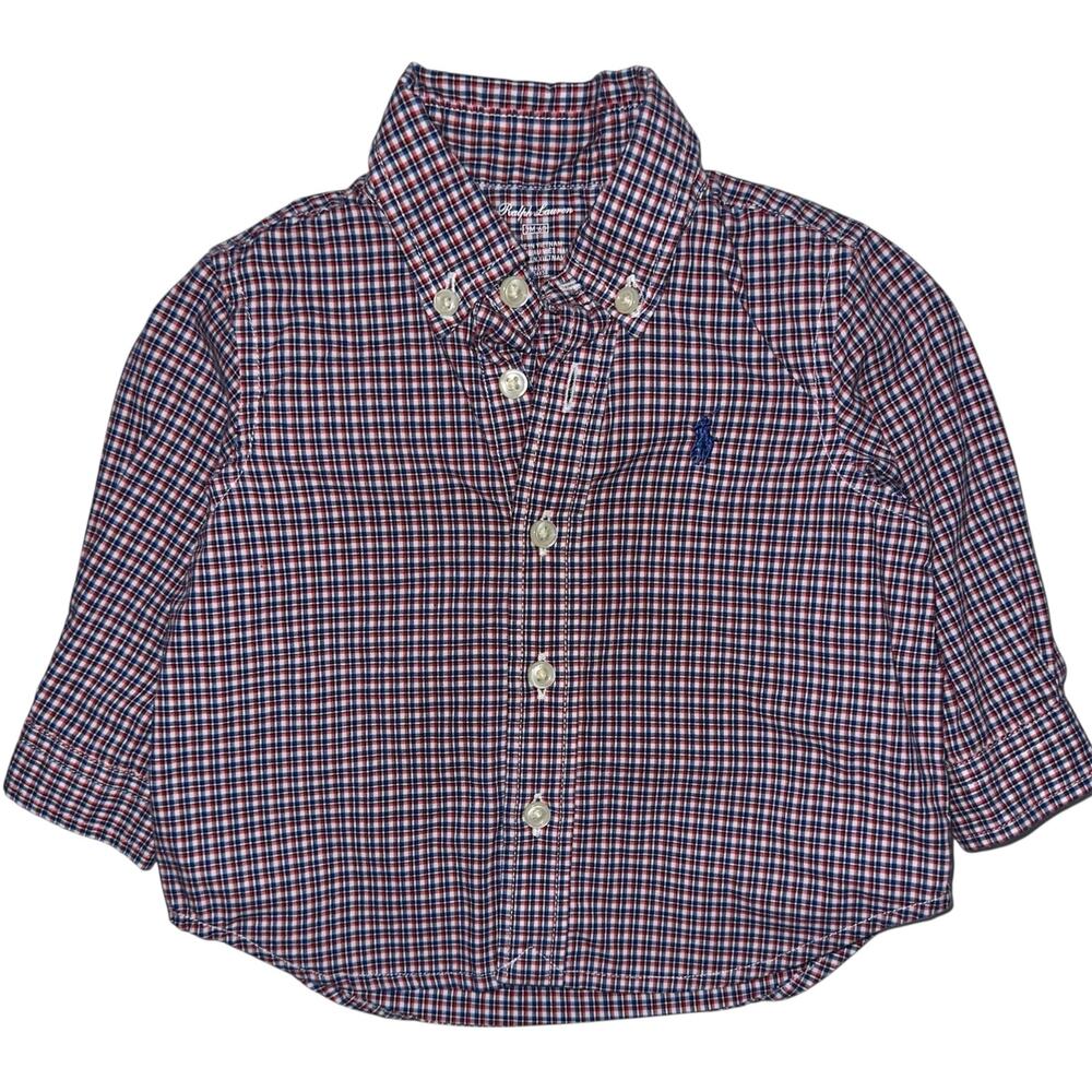 Ralph Lauren Baby Boys Blue Red Check Button Down Long Sleeve Shirt Size 6M